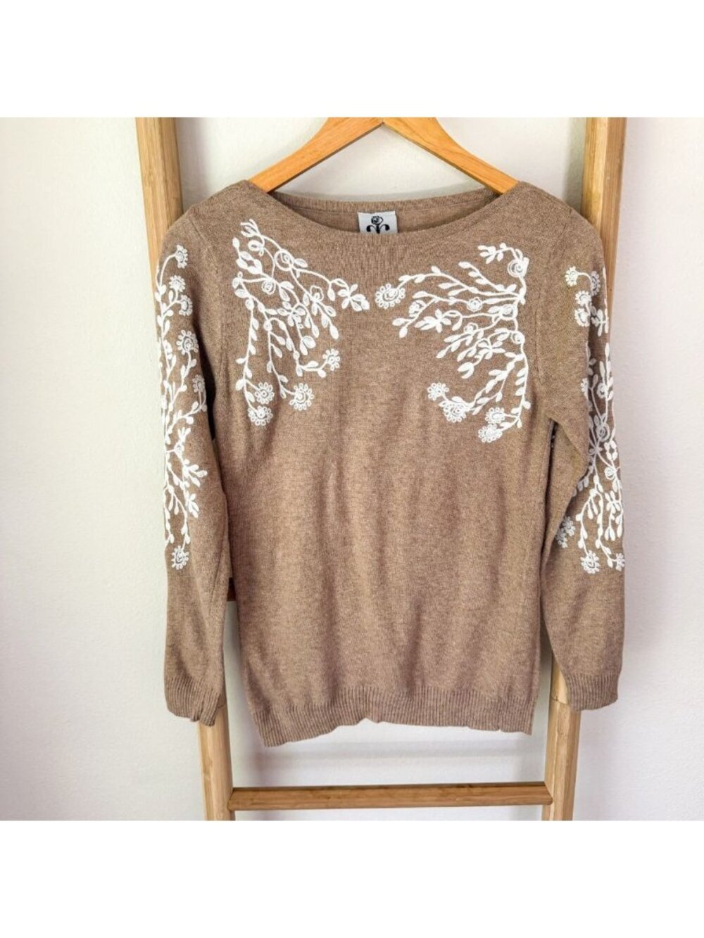 Rain + Rose Embroidered Floral Sweater Tan Beige Angora Blend XS